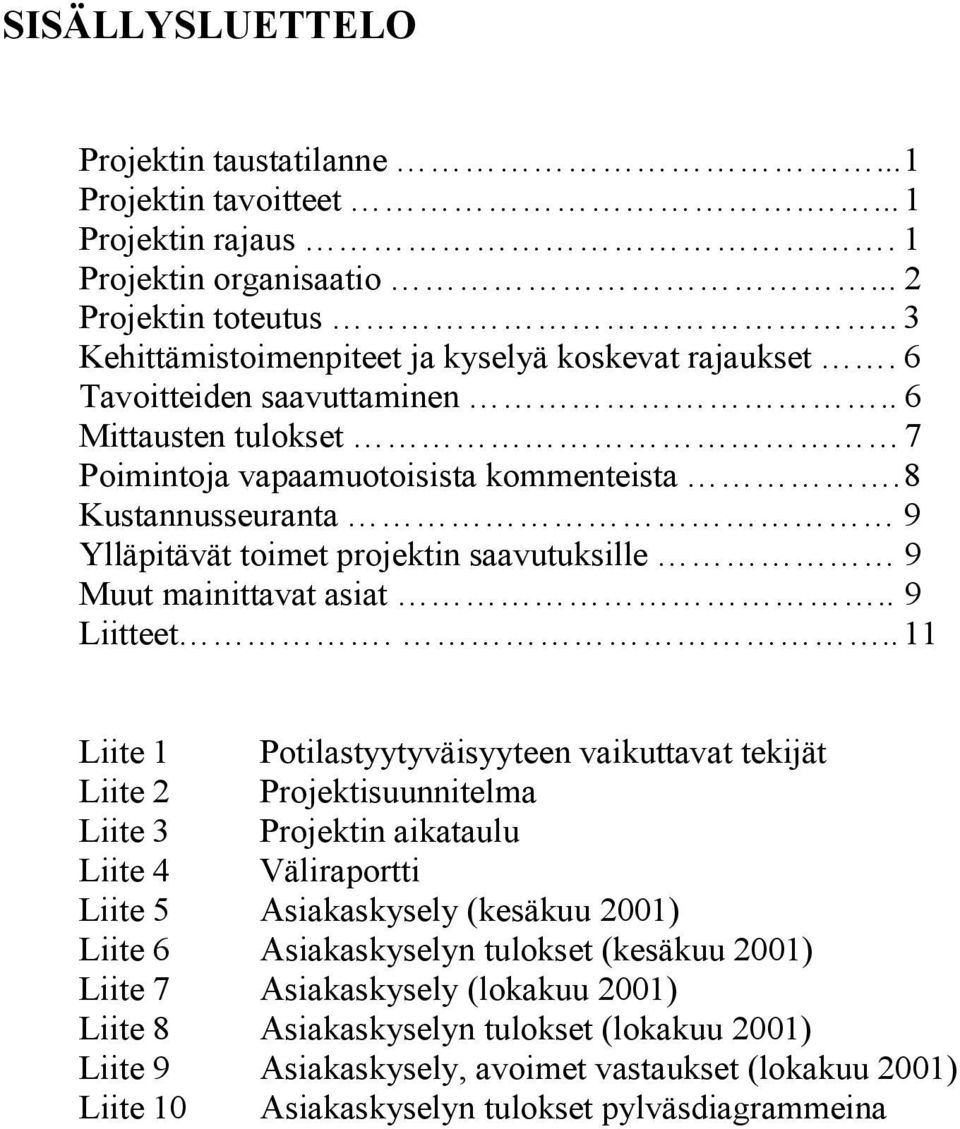 .. 11 Liite 1 Potilastyytyväisyyteen vaikuttavat tekijät Liite 2 Projektisuunnitelma Liite 3 Projektin aikataulu Liite 4 Väliraportti Liite 5 Asiakaskysely (kesäkuu 2001) Liite 6 Asiakaskyselyn