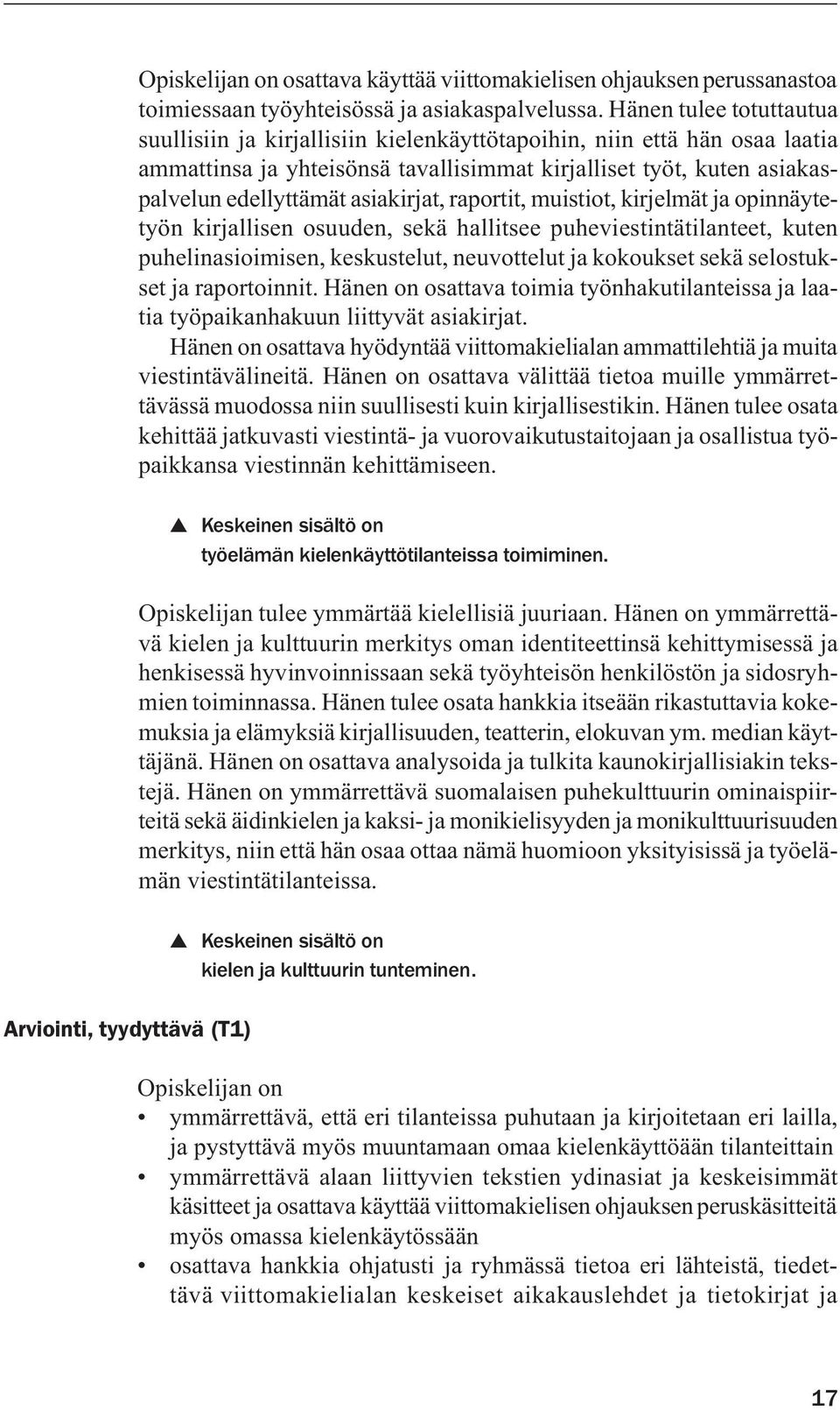 asiakirjat, raportit, muistiot, kirjelmät ja opinnäytetyön kirjallisen osuuden, sekä hallitsee puheviestintätilanteet, kuten puhelinasioimisen, keskustelut, neuvottelut ja kokoukset sekä selostukset