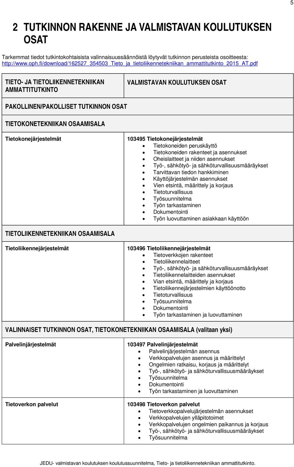 pdf TIETO- JA TIETOLIIKENNETEKNIIKAN AMMATTITUTKINTO VALMISTAVAN KOULUTUKSEN OSAT PAKOLLINEN/PAKOLLISET TUTKINNON OSAT TIETOKONETEKNIIKAN OSAAMISALA Tietokonejärjestelmät 103495 Tietokonejärjestelmät