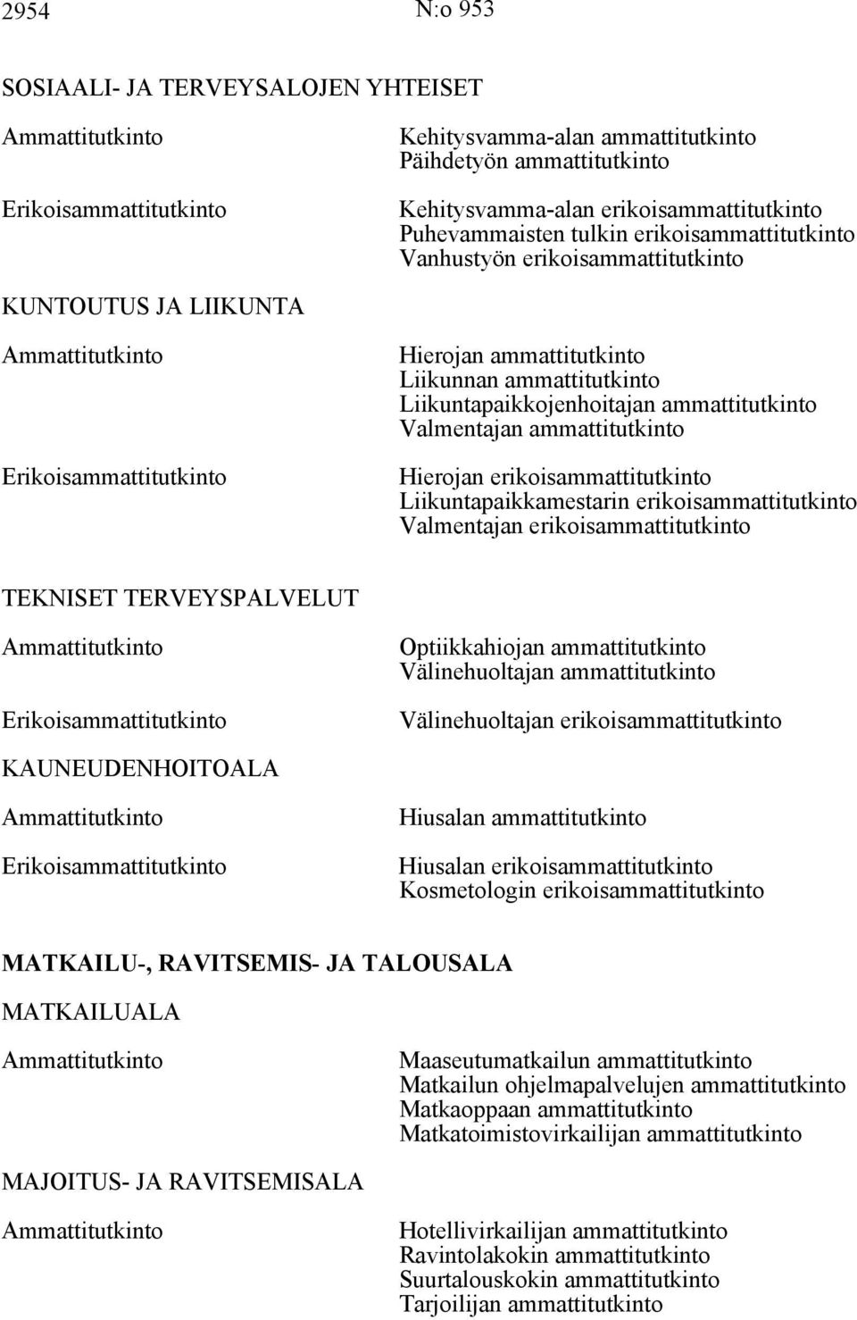 erikoisammattitutkinto Liikuntapaikkamestarin erikoisammattitutkinto Valmentajan erikoisammattitutkinto TEKNISET TERVEYSPALVELUT Optiikkahiojan ammattitutkinto Välinehuoltajan ammattitutkinto