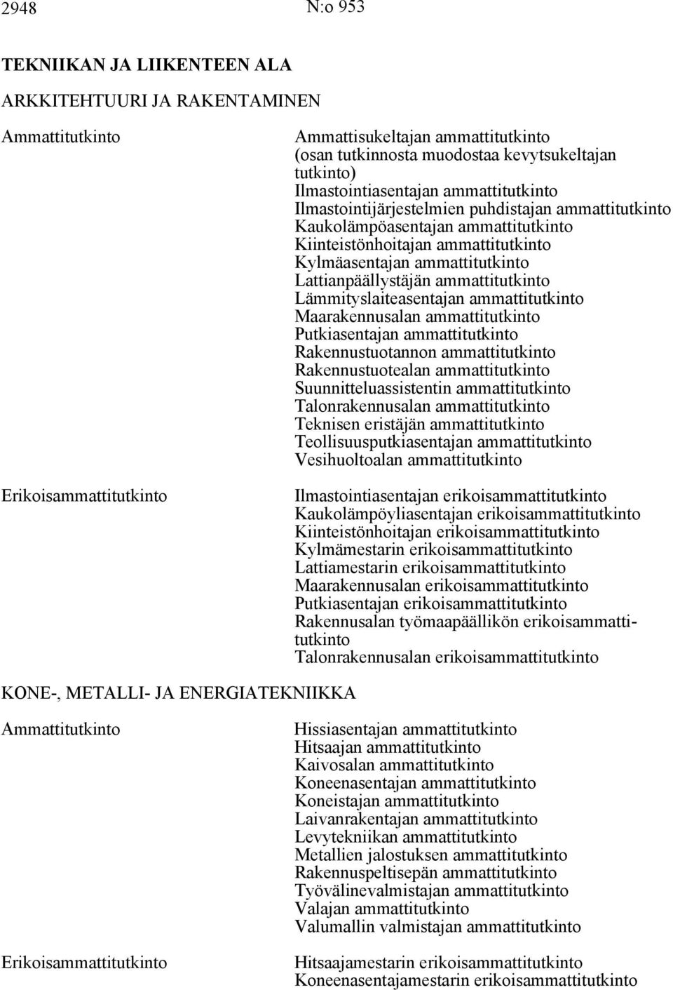 Lämmityslaiteasentajan ammattitutkinto Maarakennusalan ammattitutkinto Putkiasentajan ammattitutkinto Rakennustuotannon ammattitutkinto Rakennustuotealan ammattitutkinto Suunnitteluassistentin