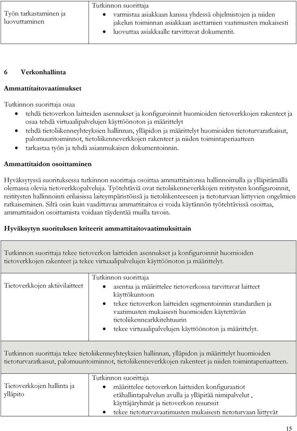 6 Verkonhallinta Ammattitaitovaatimukset osaa tehdä tietoverkon laitteiden asennukset ja konfiguroinnit huomioiden tietoverkkojen rakenteet ja osaa tehdä virtuaalipalvelujen käyttöönoton ja