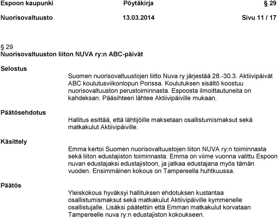 Koulutuksen sisältö koostuu nuorisovaltuuston perustoiminnasta. Espoosta ilmoittautuneita on kahdeksan. Pääsihteeri lähtee Aktiivipäiville mukaan.