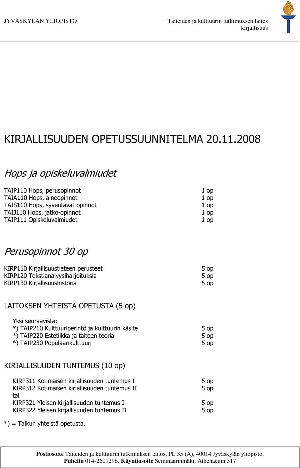 Perusopinnot 30 op KIRP110 tieteen perusteet KIRP120 Tekstianalyysiharjoituksia KIRP130 historia LAITOKSEN YHTEISTÄ OPETUSTA () Yksi seuraavista: *) TAIP210 Kulttuuriperintö ja kulttuurin käsite *)