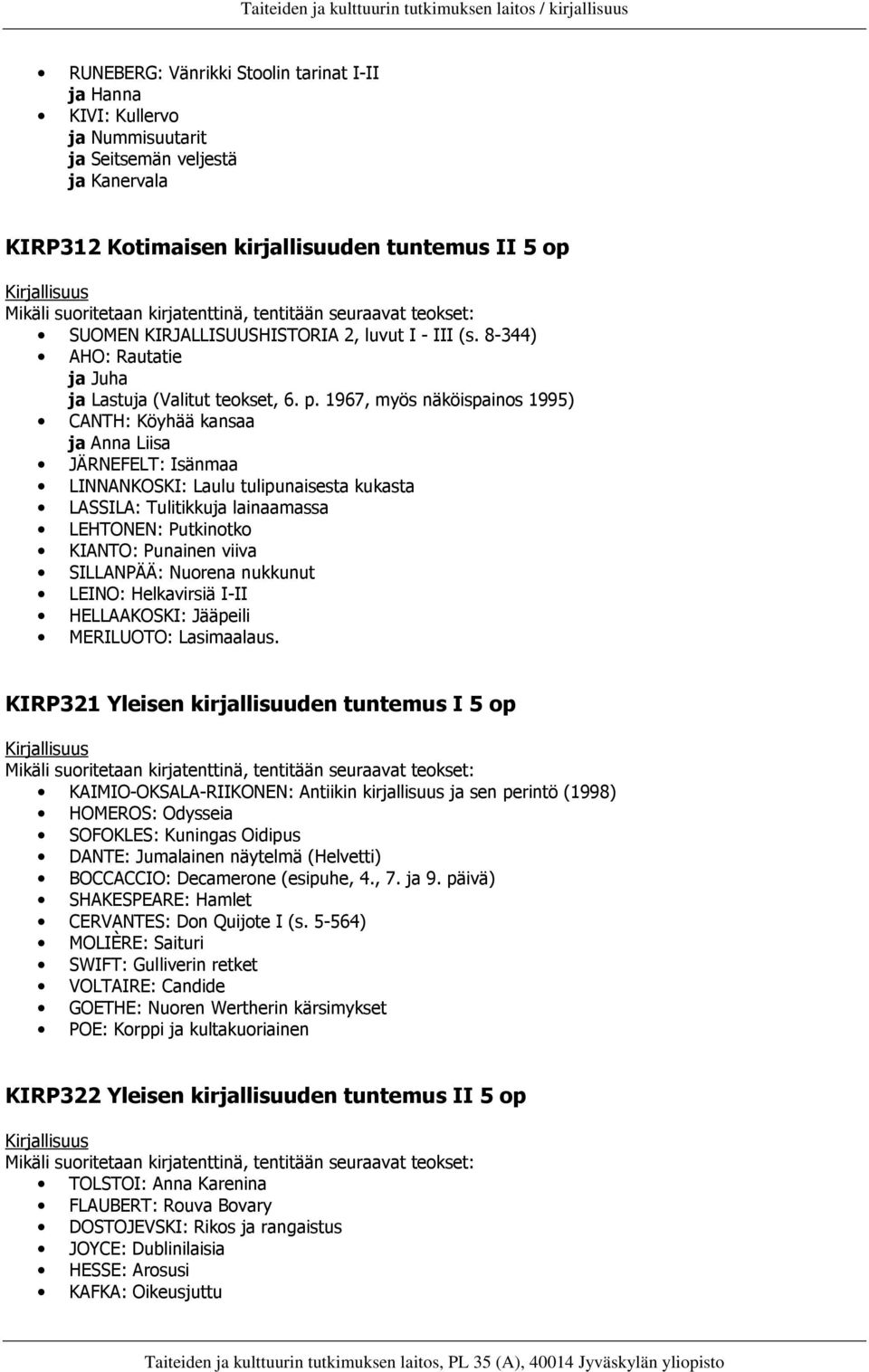 1967, myös näköispainos 1995) CANTH: Köyhää kansaa ja Anna Liisa JÄRNEFELT: Isänmaa LINNANKOSKI: Laulu tulipunaisesta kukasta LASSILA: Tulitikkuja lainaamassa LEHTONEN: Putkinotko KIANTO: Punainen