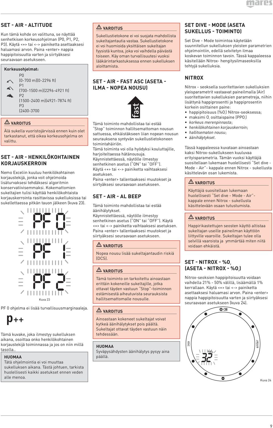 Korkeusohjelmat: P0 (0-700 m)(0-2296 ft) P1 (700-1500 m)(2296-4921 ft) P2 (1500-2400 m)(4921-7874 ft) P3 (2400-3700 Älä sukella vuoristojärvissä ennen kuin olet tarkastanut, että oikea korkeusohjelma