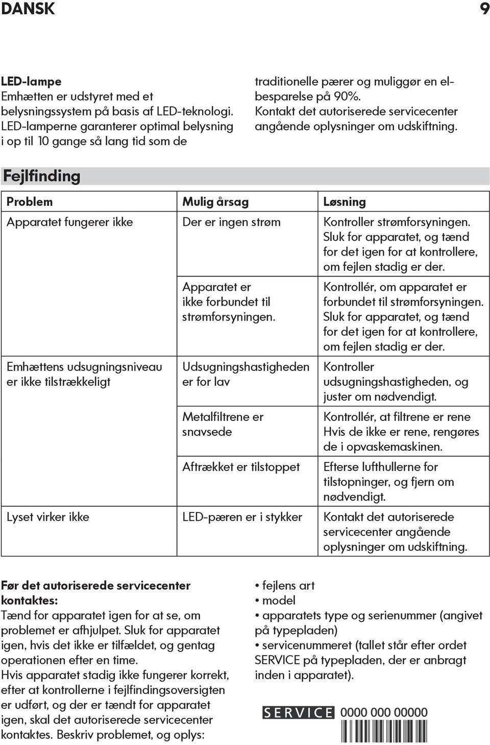 Kontakt det autoriserede servicecenter angående oplysninger om udskiftning. Fejlfinding Problem Mulig årsag Løsning Apparatet fungerer ikke Der er ingen strøm Kontroller strømforsyningen.