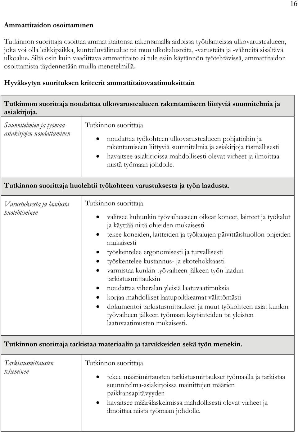 Hyväksytyn suorituksen kriteerit ammattitaitovaatimuksittain noudattaa ulkovarustealueen rakentamiseen liittyviä suunnitelmia ja asiakirjoja.