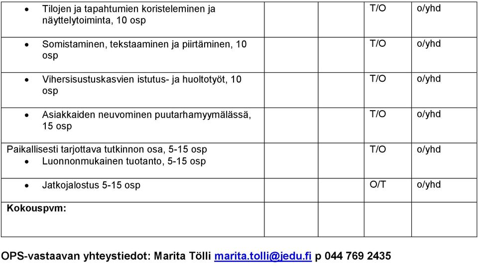 puutarhamyymälässä, 15 osp T/O o/yhd Paikallisesti tarjottava tutkinnon osa, 5-15 osp Luonnonmukainen tuotanto, 5-15