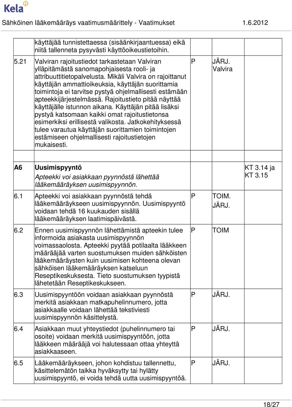 Mikäli Valvira on rajoittanut käyttäjän ammattioikeuksia, käyttäjän suorittamia toimintoja ei tarvitse pystyä ohjelmallisesti estämään apteekkijärjestelmässä.