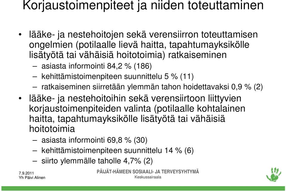 ylemmän tahon hoidettavaksi 0,9 % (2) lääke- ja nestehoitoihin sekä verensiirtoon liittyvien korjaustoimenpiteiden valinta (potilaalle kohtalainen haitta,