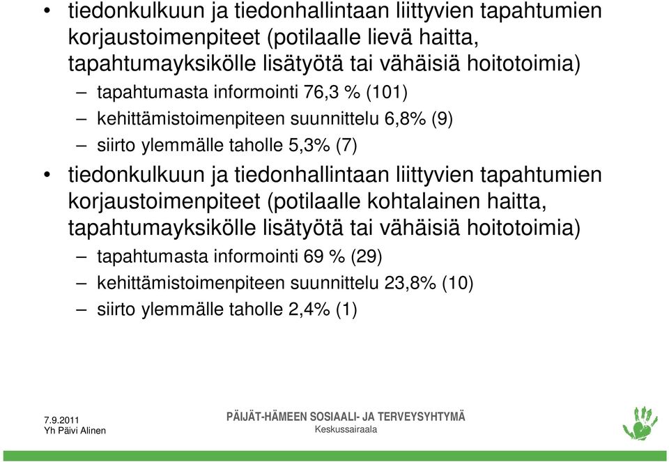 tiedonkulkuun ja tiedonhallintaan liittyvien tapahtumien korjaustoimenpiteet (potilaalle kohtalainen haitta, tapahtumayksikölle lisätyötä