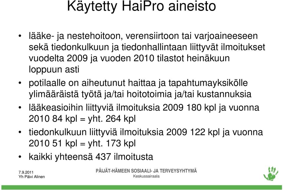 tapahtumayksikölle ylimääräistä työtä ja/tai hoitotoimia ja/tai kustannuksia lääkeasioihin liittyviä ilmoituksia 2009 180 kpl ja