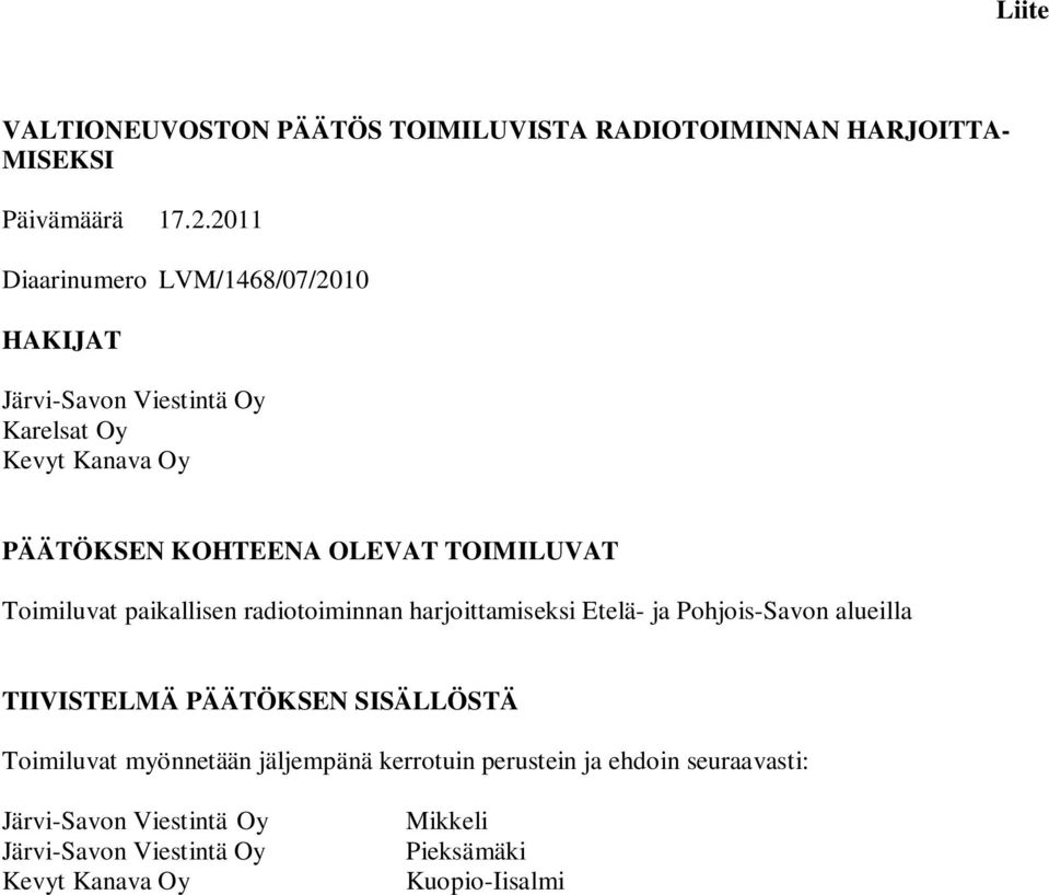 TOIMILUVAT Toimiluvat paikallisen radiotoiminnan harjoittamiseksi Etelä- ja Pohjois-Savon alueilla TIIVISTELMÄ PÄÄTÖKSEN