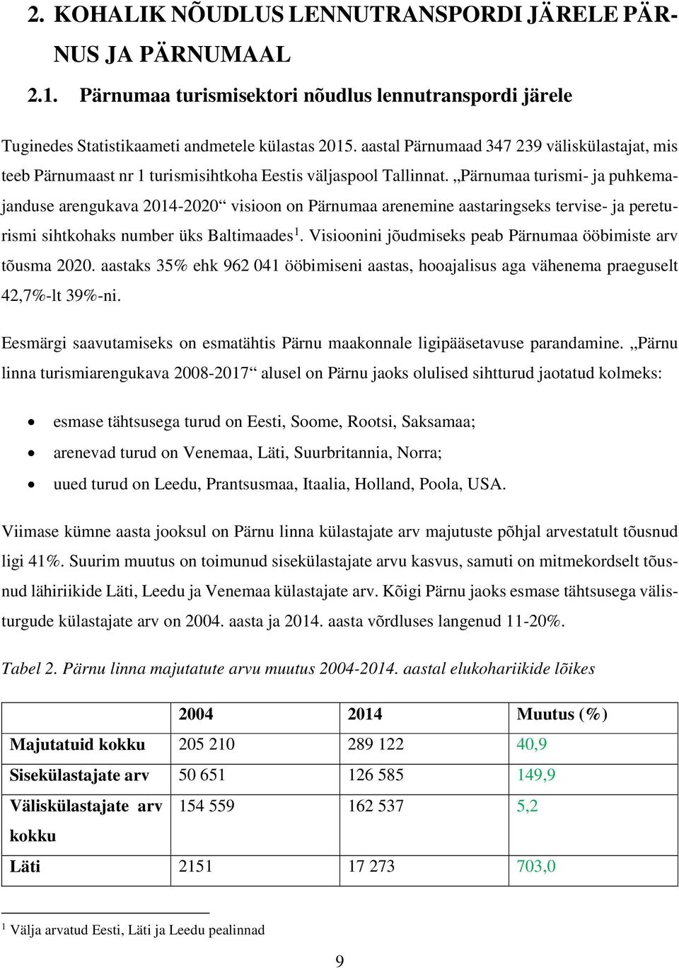 Pärnumaa turismi- ja puhkemajanduse arengukava 2014-2020 visioon on Pärnumaa arenemine aastaringseks tervise- ja pereturismi sihtkohaks number üks Baltimaades 1.