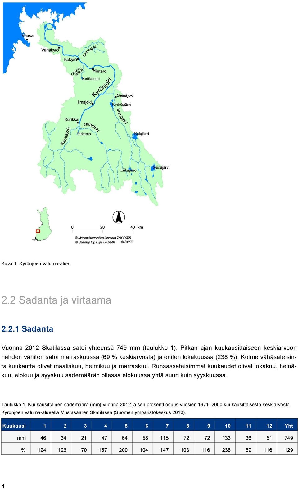 Runsassateisimmat kuukaudet olivat lokakuu, heinäkuu, elokuu ja syyskuu sademäärän ollessa elokuussa yhtä suuri kuin syyskuussa. Taulukko 1.