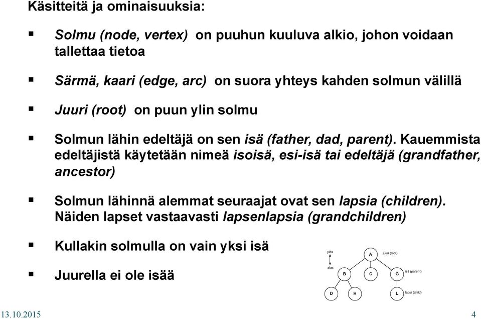 Kauemmista edeltäjistä käytetään nimeä isoisä, esi-isä tai edeltäjä (grandfather, ancestor) Solmun lähinnä alemmat seuraajat ovat sen lapsia (children).