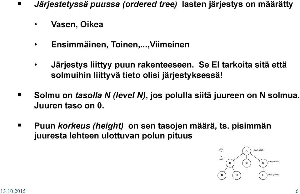 Solmu on tasolla N (level N), jos polulla siitä juureen on N solmua. Juuren taso on 0.