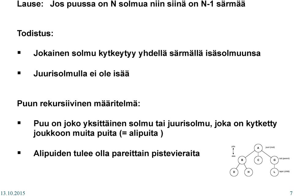 solmu tai juurisolmu, joka on kytketty joukkoon muita puita (= alipuita ) lipuiden tulee olla pareittain