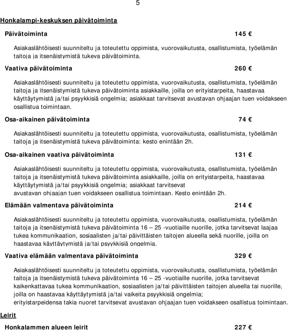 taitoja ja itsenäistymistä tukeva päivätoiminta asiakkaille, joilla on erityistarpeita, haastavaa käyttäytymistä ja/tai psyykkisiä ongelmia; asiakkaat tarvitsevat avustavan ohjaajan tuen voidakseen