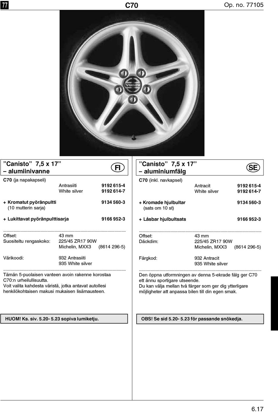 952-3. Suositeltu rengaskoko: 225/45 ZR17 90W Michelin, MXX3 (8614 296-5) Värikoodi: 932 Antrasiiti 935 White silver Tämän 5-puolaisen vanteen avoin rakenne korostaa C70:n urheilullisuutta.