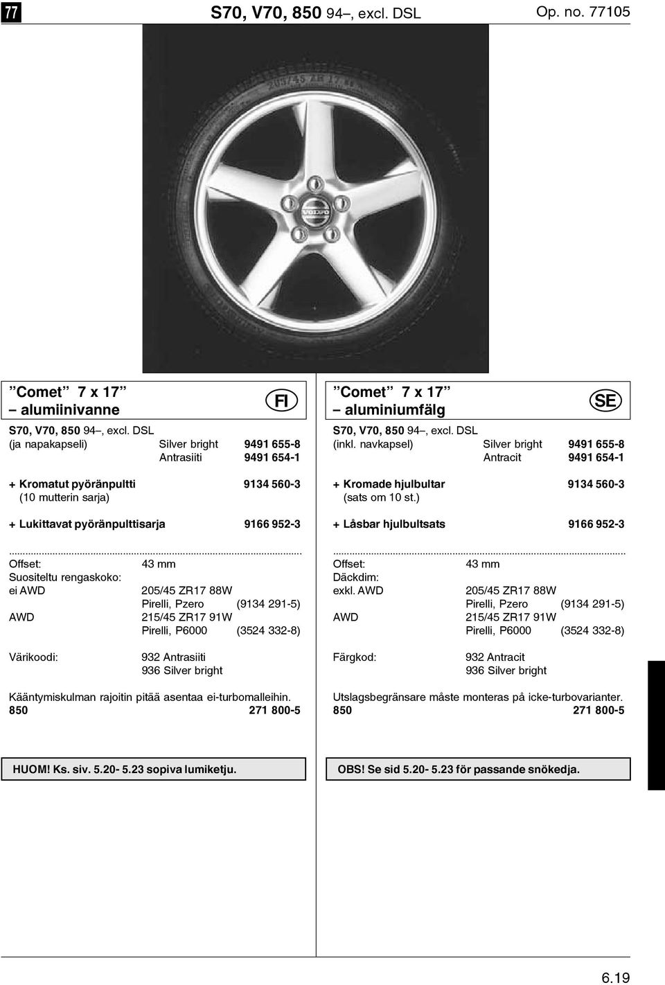 Suositeltu rengaskoko: ei AWD 205/45 ZR17 88W Pirelli, Pzero (9134 291-5) AWD 215/45 ZR17 91W Pirelli, P6000 (3524 332-8) Comet 7 x 17 aluminiumfälg S70, V70, 850 94, excl. DSL (inkl.