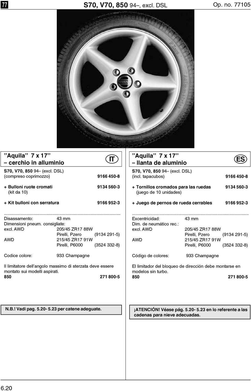 AWD 205/45 ZR17 88W Pirelli, Pzero (9134 291-5) AWD 215/45 ZR17 91W Pirelli, P6000 (3524 332-8) Aquila 7 x 17 llanta de aluminio S70, V70, 850 94 (excl. DSL) (incl.