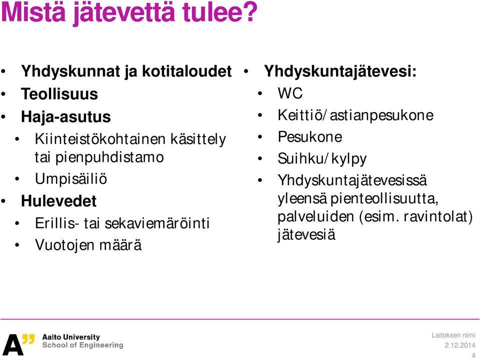 pienpuhdistamo Umpisäiliö Hulevedet Erillis- tai sekaviemäröinti Vuotojen määrä