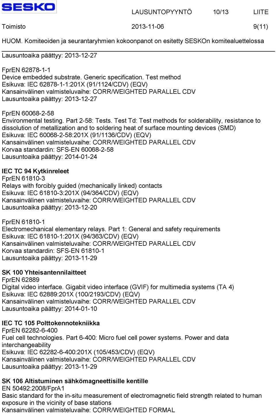 Test Td: Test methods for solderability, resistance to dissolution of metallization and to soldering heat of surface mounting devices (SMD) Esikuva: IEC 60068-2-58:201X (91/1136/CDV) (EQV) Korvaa