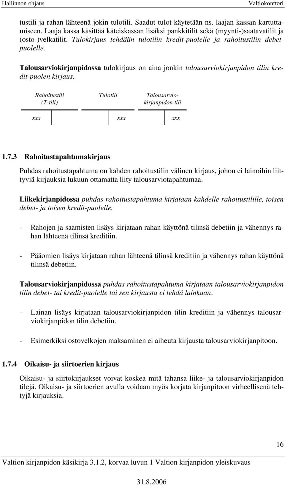 Talousarviokirjanpidossa tulokirjaus on aina jonkin talousarviokirjanpidon tilin kredit-puolen kirjaus. Rahoitustili (T-tili) Tulotili Talousarviokirjanpidon tili xxx xxx xxx 1.7.