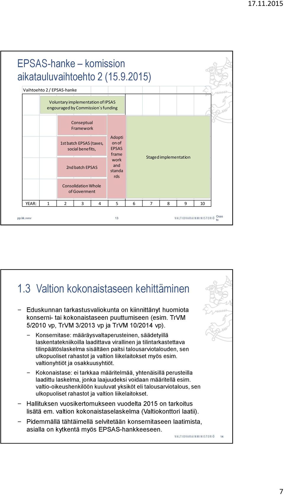 of Goverment Adopti on of EPSAS frame work and standa rds Staged implementation YEAR: 1 2 3 4 5 6 7 8 9 10 pp.kk.vvvv 13 Osas to 1.