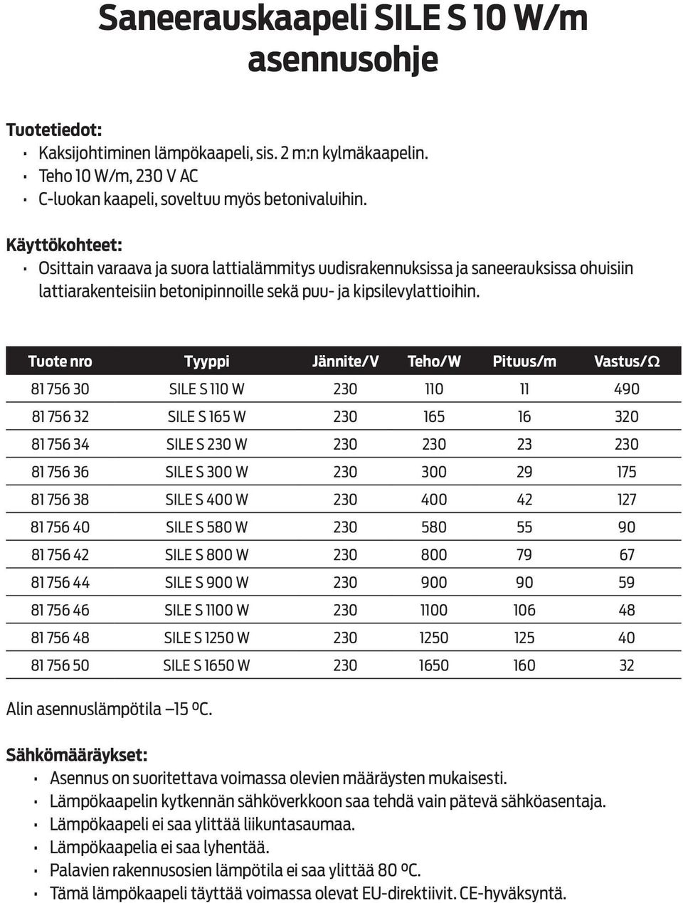 Tuote nro Tyyppi Jännite/V Teho/W Pituus/m Vastus/Ω 81 756 30 SILE S 110 W 230 110 11 490 81 756 32 SILE S 165 W 230 165 16 320 81 756 34 SILE S 230 W 230 230 23 230 81 756 36 SILE S 300 W 230 300 29