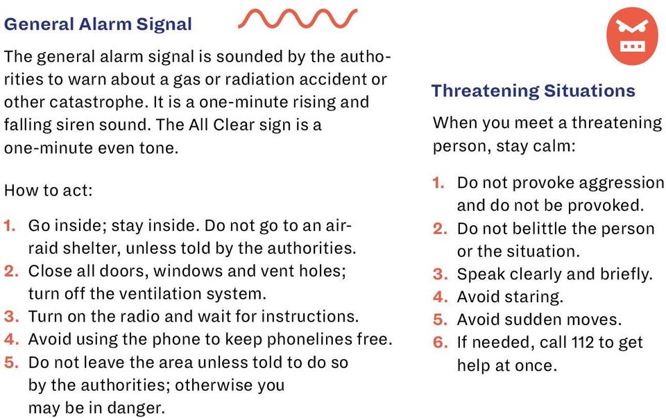 Close all doors, windows and vent holes; turn off the ventilation system. 3. Turn on the radio and wait for instructions. 4. Avoid using the phone to keep phonelines free. 5.