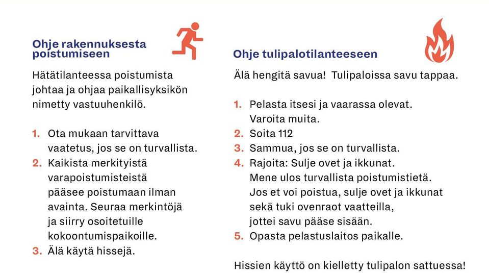 Ohje tulipalotilanteeseen Älä hengitä savua! Tulipaloissa savu tappaa. 1. Pelasta itsesi ja vaarassa olevat. Varoita muita. 2. Soita 112 3. Sammua, jos se on turvallista. 4.