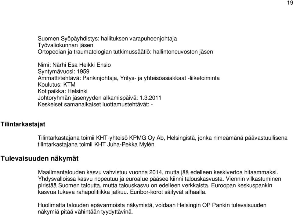 2011 Keskeiset samanaikaiset luottamustehtävät: - Tilintarkastajat Tilintarkastajana toimii KHT-yhteisö KPMG Oy Ab, Helsingistä, jonka nimeämänä päävastuullisena tilintarkastajana toimii KHT
