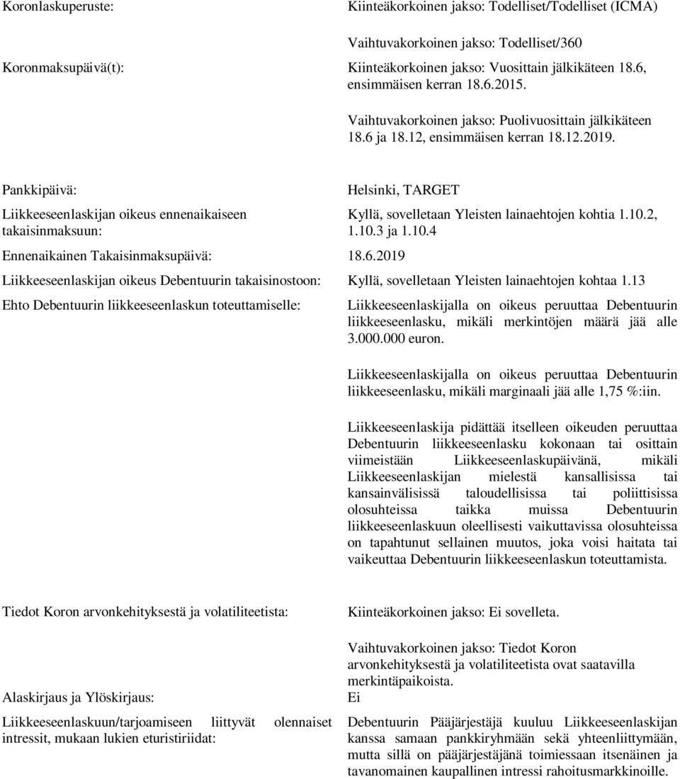 Pankkipäivä: Liikkeeseenlaskijan oikeus ennenaikaiseen takaisinmaksuun: Helsinki, TARGET Ennenaikainen Takaisinmaksupäivä: 18.6.2019 Kyllä, sovelletaan Yleisten lainaehtojen kohtia 1.10.2, 1.10.3 ja 1.