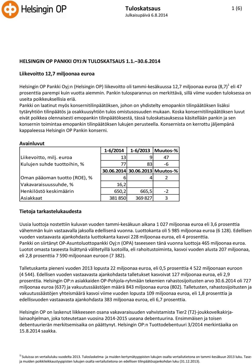 8.2014 HELSINGIN OP PANKKI OYJ:N TULOSKATSAUS 1.1. 30.6.