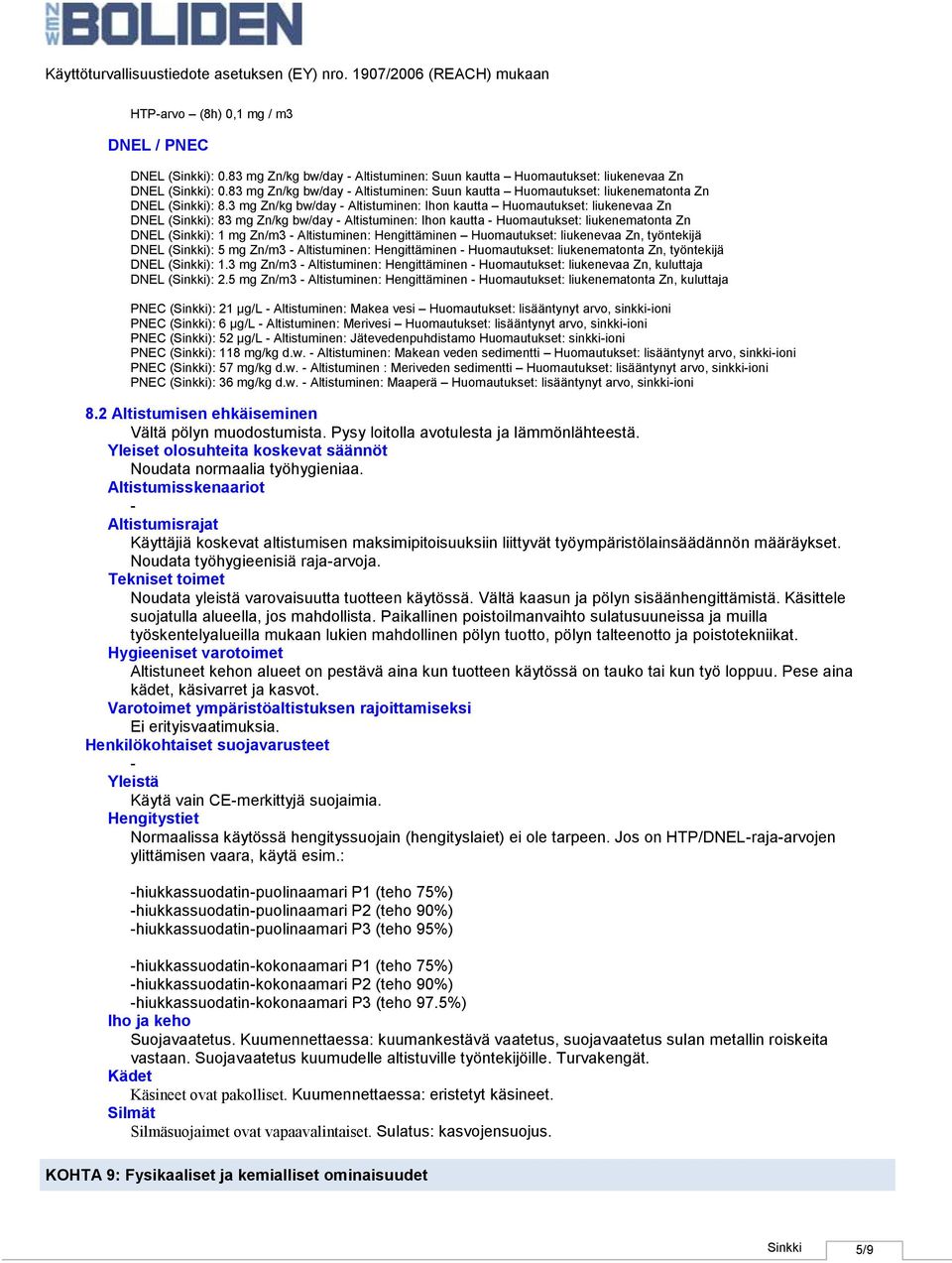 3 mg Zn/kg bw/day Altistuminen: Ihon kautta Huomautukset: liukenevaa Zn DNEL (): 83 mg Zn/kg bw/day Altistuminen: Ihon kautta Huomautukset: liukenematonta Zn DNEL (): 1 mg Zn/m3 Altistuminen: