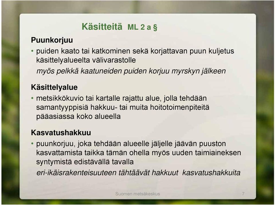 muita hoitotoimenpiteitä pääasiassa koko alueella Kasvatushakkuu puunkorjuu, joka tehdään alueelle jäljelle jäävän puuston kasvattamista