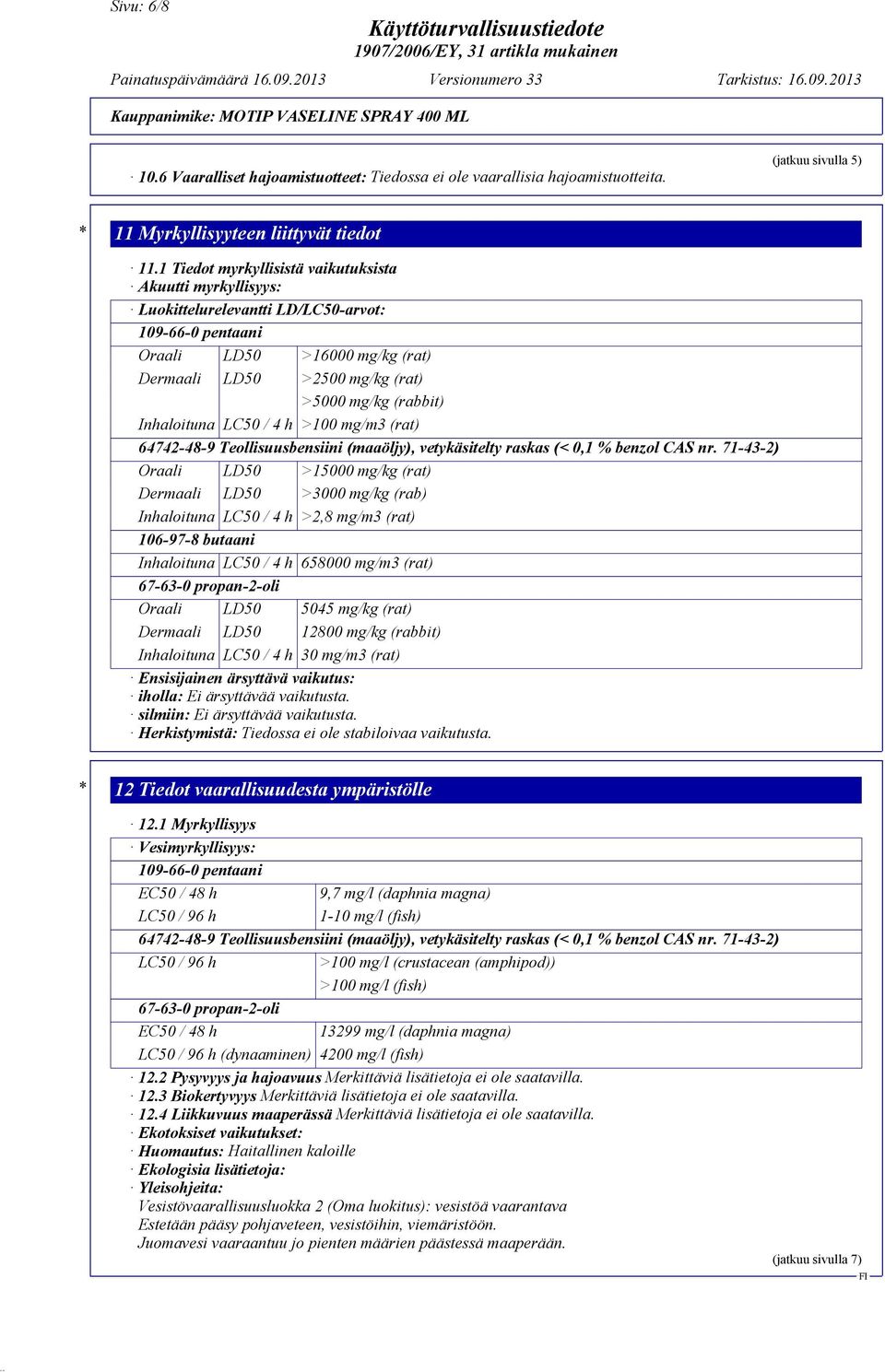 Inhaloituna LC50 / 4 h >100 mg/m3 (rat) 64742-48-9 Teollisuusbensiini (maaöljy), vetykäsitelty raskas (< 0,1 % benzol CAS nr.