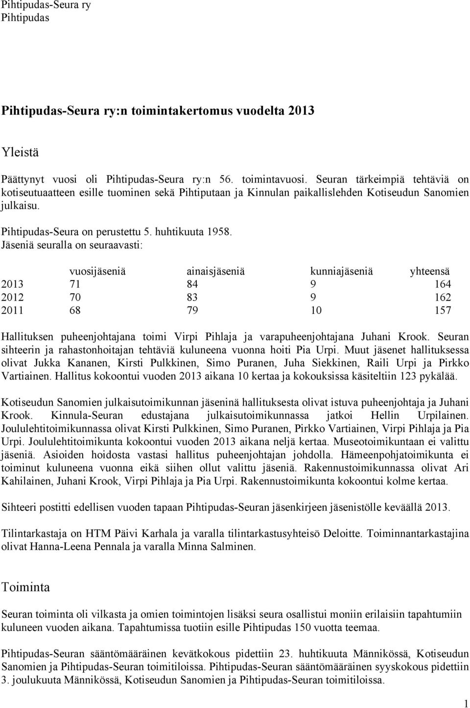 Jäseniä seuralla on seuraavasti: vuosijäseniä ainaisjäseniä kunniajäseniä yhteensä 2013 71 84 9 164 2012 70 83 9 162 2011 68 79 10 157 Hallituksen puheenjohtajana toimi Virpi Pihlaja ja