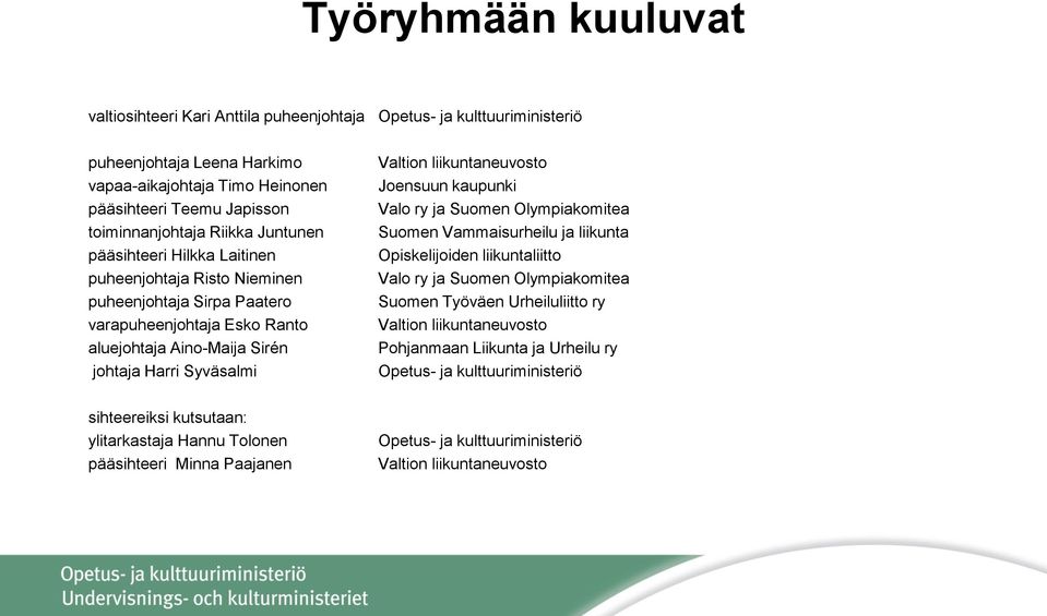 liikuntaneuvosto Joensuun kaupunki Valo ry ja Suomen Olympiakomitea Suomen Vammaisurheilu ja liikunta Opiskelijoiden liikuntaliitto Valo ry ja Suomen Olympiakomitea Suomen Työväen Urheiluliitto ry