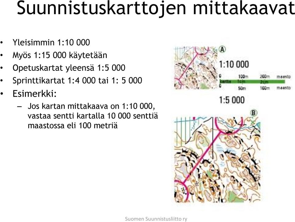 5 000 Esimerkki: Jos kartan mittakaava on 1:10 000, vastaa sentti