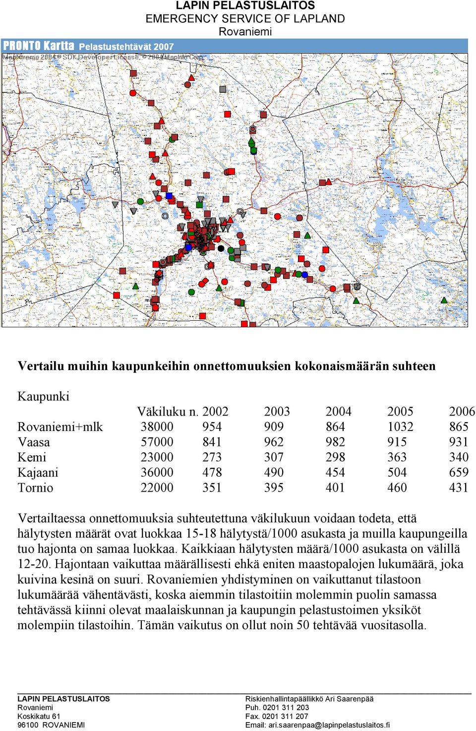 väkilukuun voidaan todeta, että hälytysten määrät ovat luokkaa 5 8 hälytystä/ asukasta ja muilla kaupungeilla tuo hajonta on samaa luokkaa. Kaikkiaan hälytysten määrä/ asukasta on välillä 2 2.