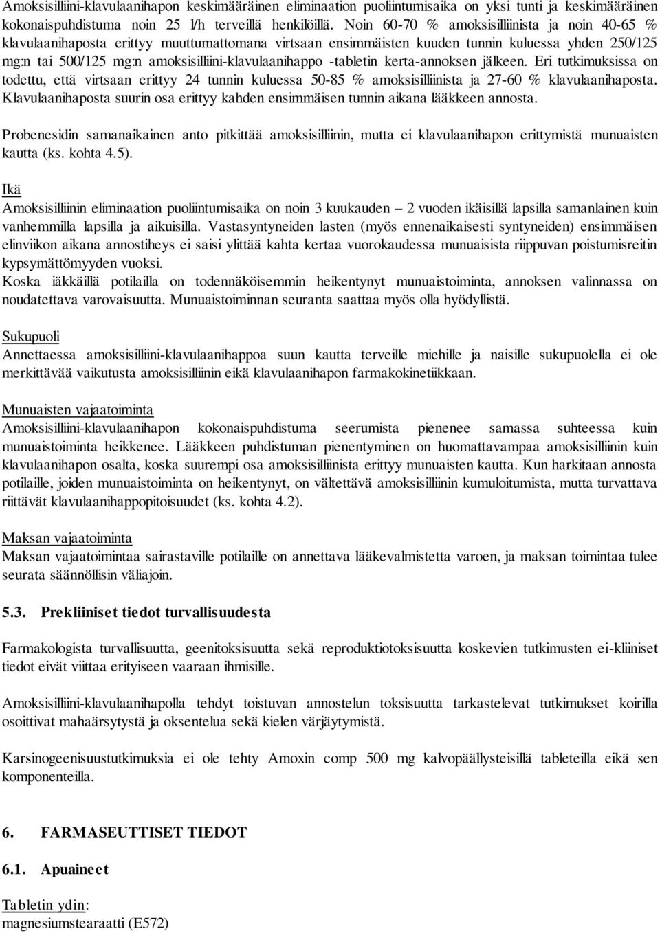 amoksisilliini-klavulaanihappo -tabletin kerta-annoksen jälkeen. Eri tutkimuksissa on todettu, että virtsaan erittyy 24 tunnin kuluessa 50-85 % amoksisilliinista ja 27-60 % klavulaanihaposta.