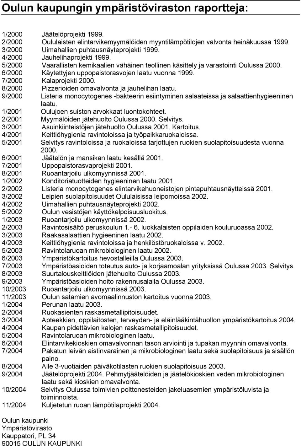 6/2000 Käytettyjen uppopaistorasvojen laatu vuonna 1999. 7/2000 Kalaprojekti 2000. 8/2000 Pizzerioiden omavalvonta ja jauhelihan laatu.