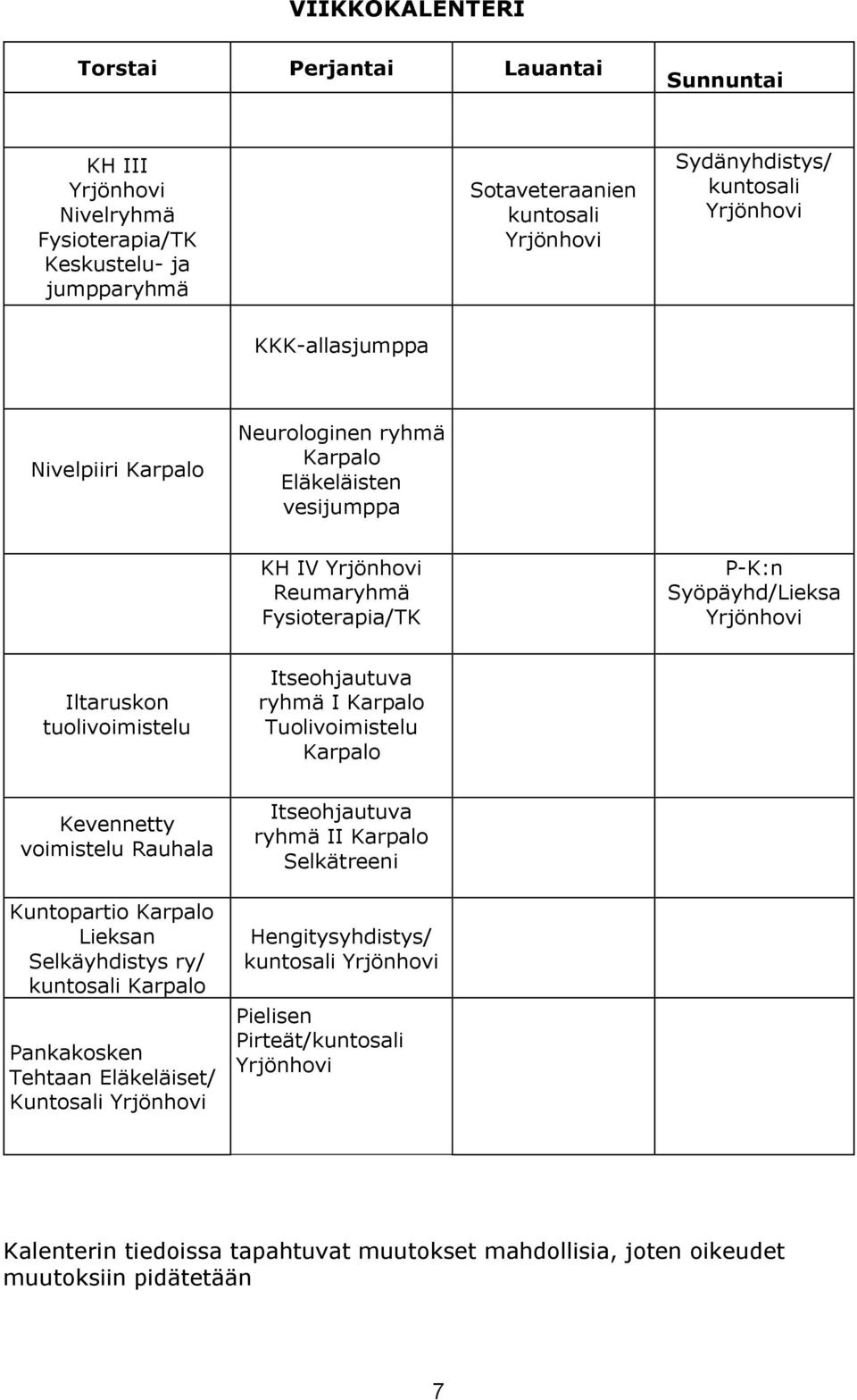 Itseohjautuva ryhmä I Karpalo Tuolivoimistelu Karpalo Kevennetty voimistelu Rauhala Kuntopartio Karpalo Lieksan Selkäyhdistys ry/ kuntosali Karpalo Pankakosken Tehtaan Eläkeläiset/ Kuntosali