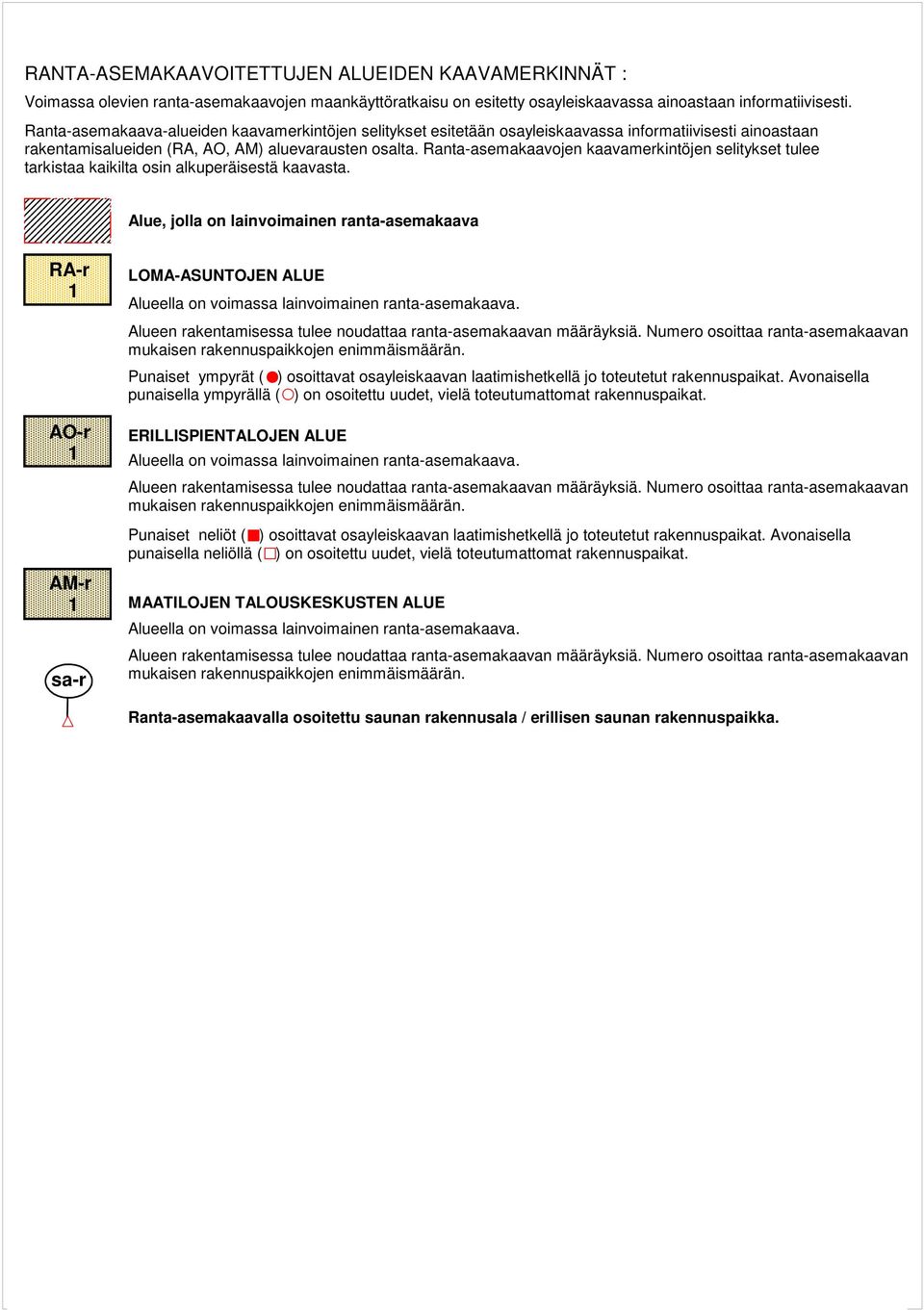 RANTA-ASEMAKAAVOITETTUJEN ALUEIDEN KAAVAMERKINNÄT : Voimassa olevien ranta-asemakaavojen maankäyttöratkaisu on esitetty osayleiskaavassa ainoastaan informatiivisesti.