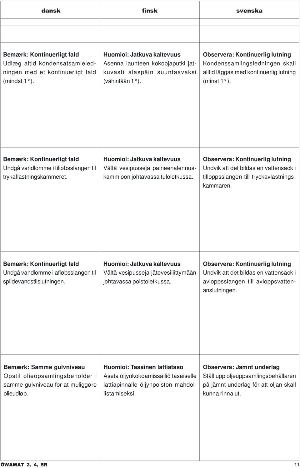 Observera: Kontinuerlig lutning Kondenssamlingsledningen skall alltid läggas med kontinuerlig lutning (minst 1 ).
