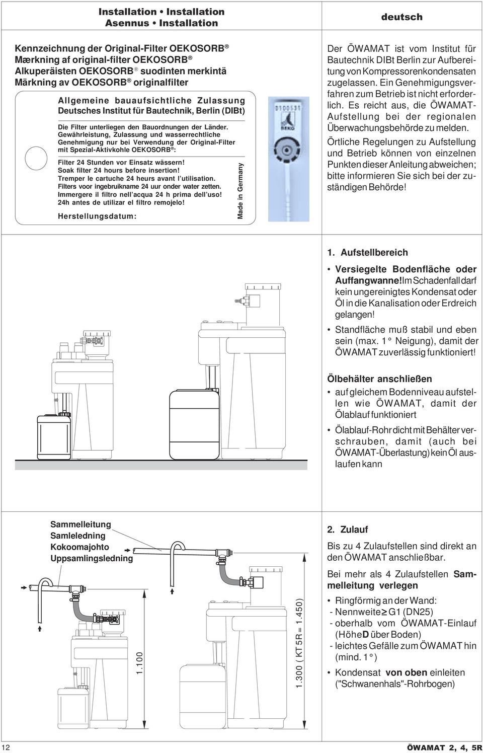 Gewährleistung, Zulassung und wasserrechtliche Genehmigung nur bei Verwendung der Original-Filter mit Spezial-Aktivkohle OEKOSORB : Filter 24 Stunden vor Einsatz wässern!